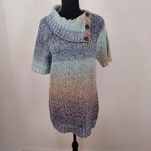 Lauren Michelle Wool Blend Asym Button Cowl Neck Short Sleeve Sweater